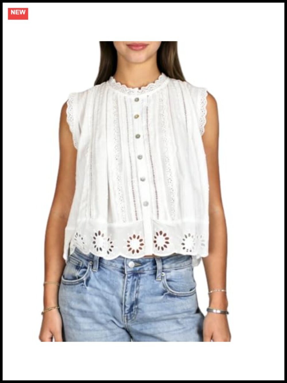 Sleeveless Eyelet Babydoll Tank Top Scallop Trim Button Up Peplum Boho